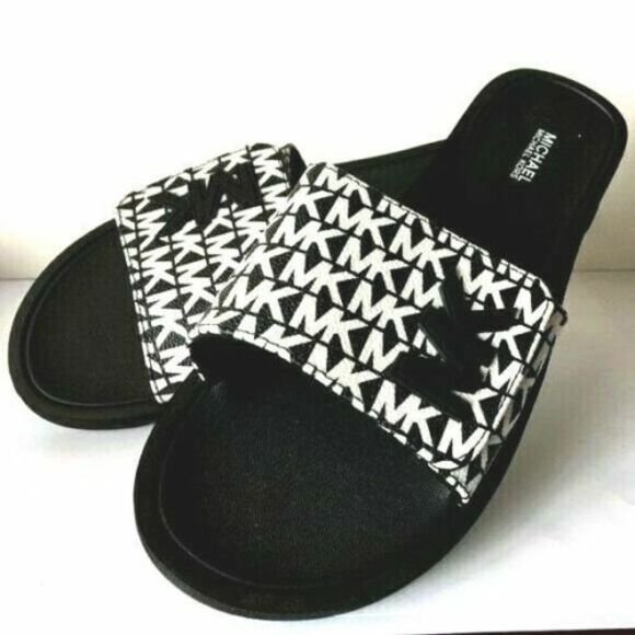 Michael Kors Wade Women's Size 6 MK Signature Logo Slide Sandals Black White - Picture 2 of 11